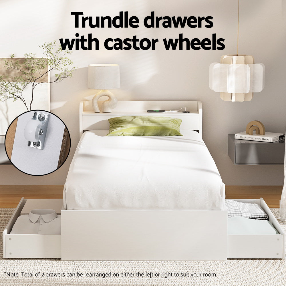 Maeve Bed Frame with Charging Ports and 2 Drawers - White Single