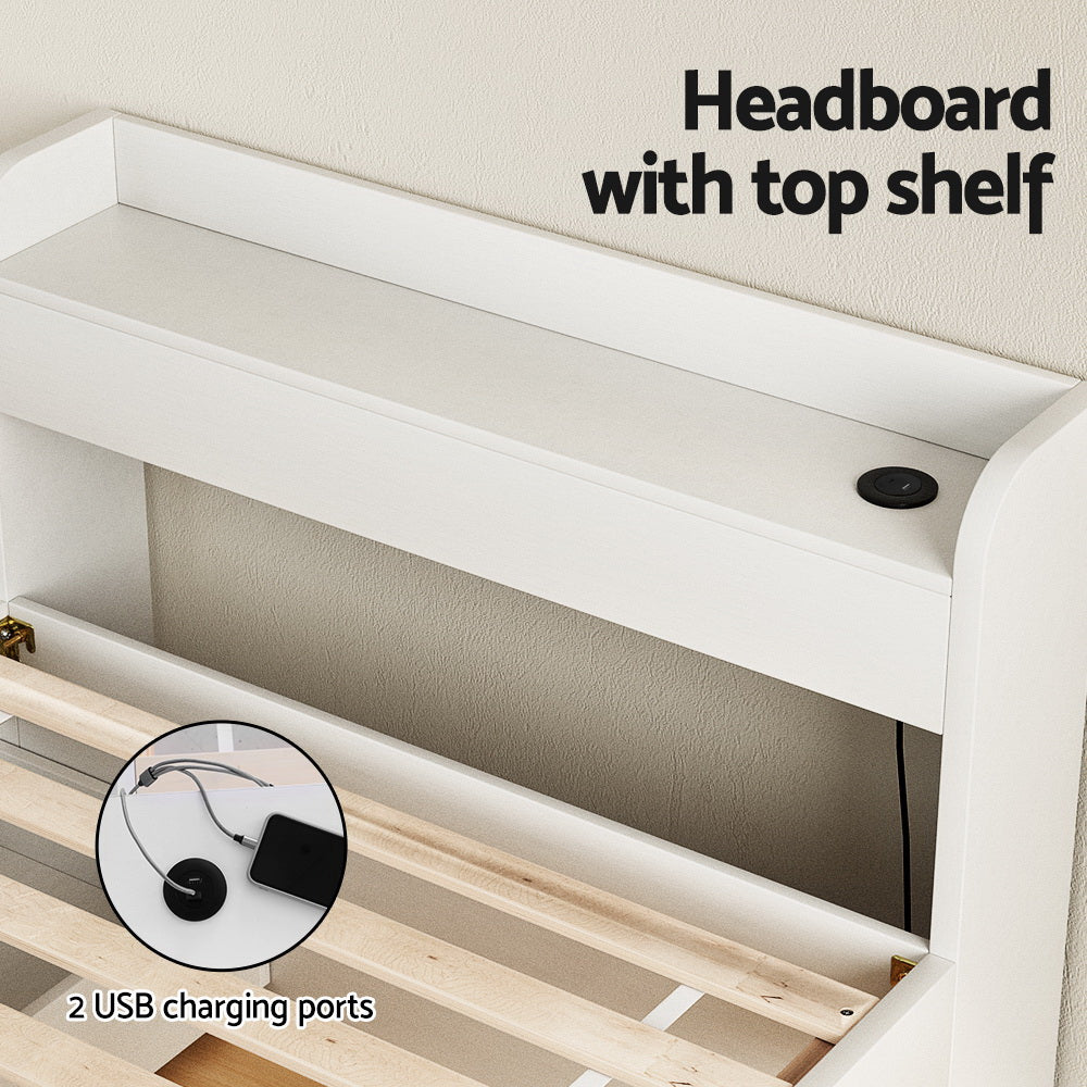 Maeve Bed Frame with Charging Ports and 2 Drawers - White Single