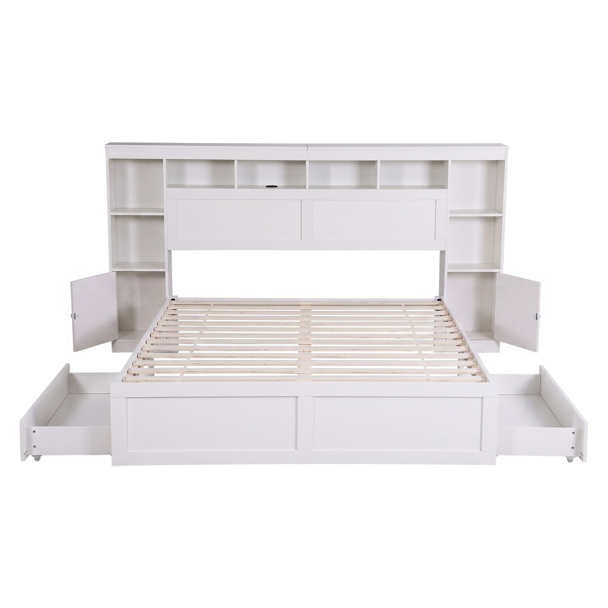 Algiers Bed Frame with Storage Bookcase Headboard, USB & Type-C Ports & Drawers - White Queen