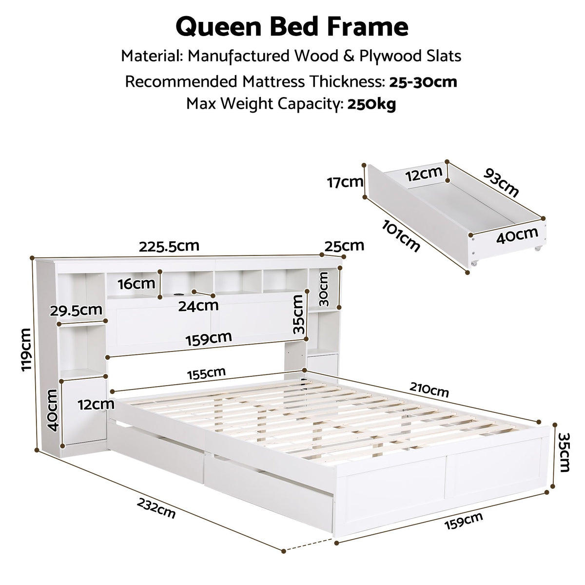 Algiers Bed Frame with Storage Bookcase Headboard, USB & Type-C Ports & Drawers - White Queen