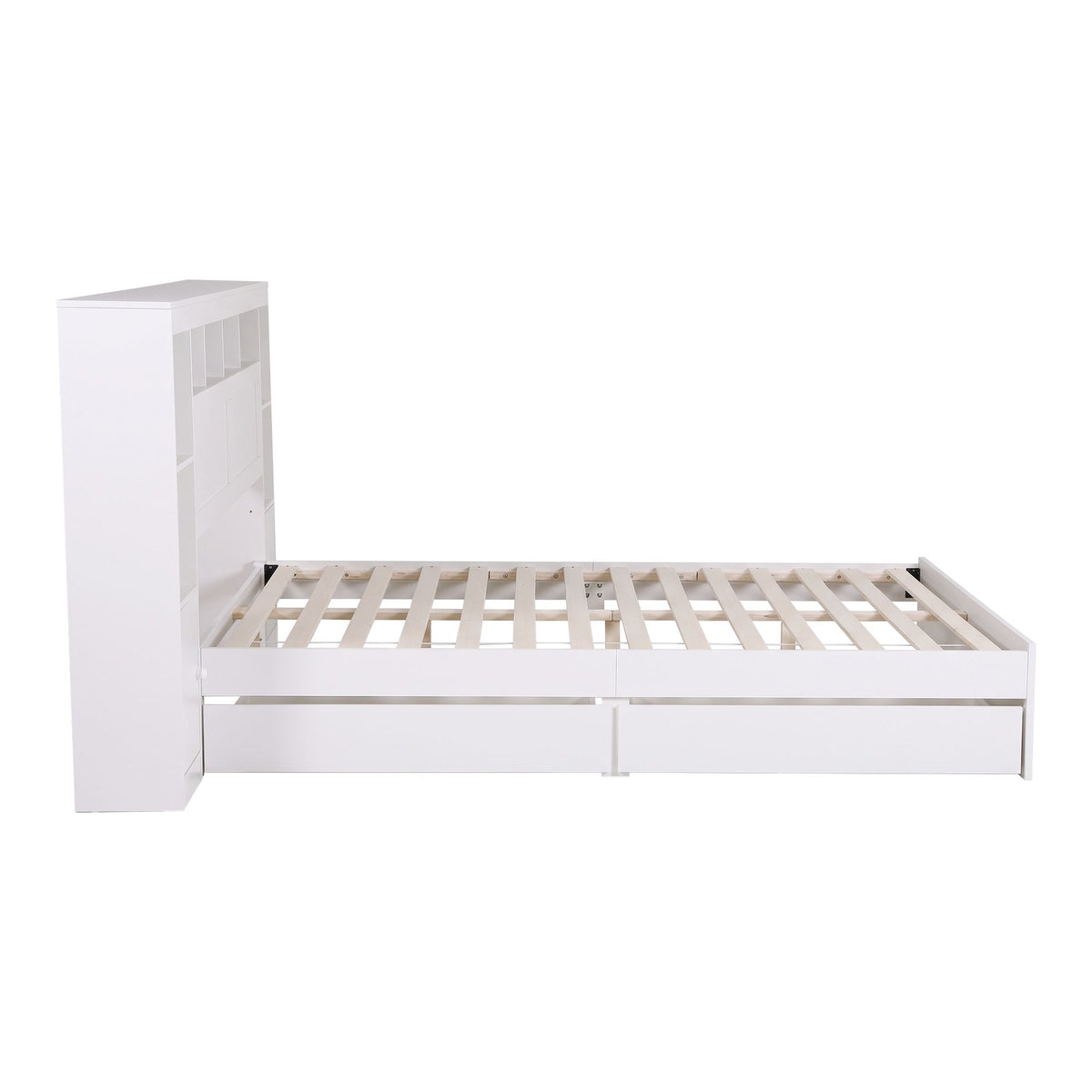 Algiers Bed Frame with Storage Bookcase Headboard, USB & Type-C Ports & Drawers - White Queen
