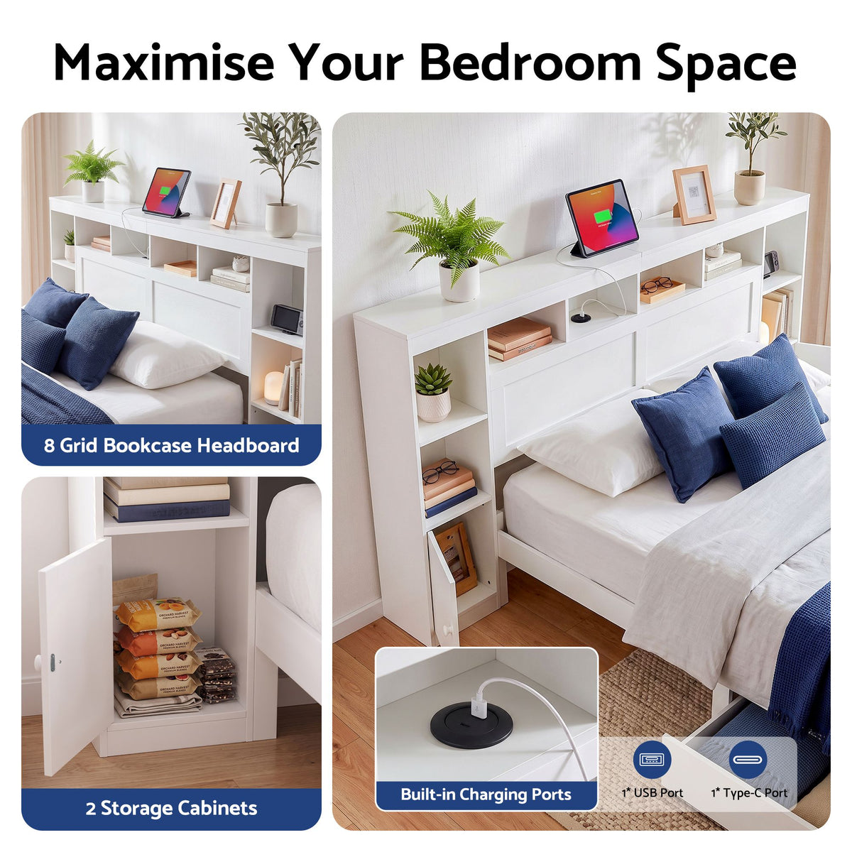 Algiers Bed Frame with Storage Bookcase Headboard, USB & Type-C Ports & Drawers - White Queen
