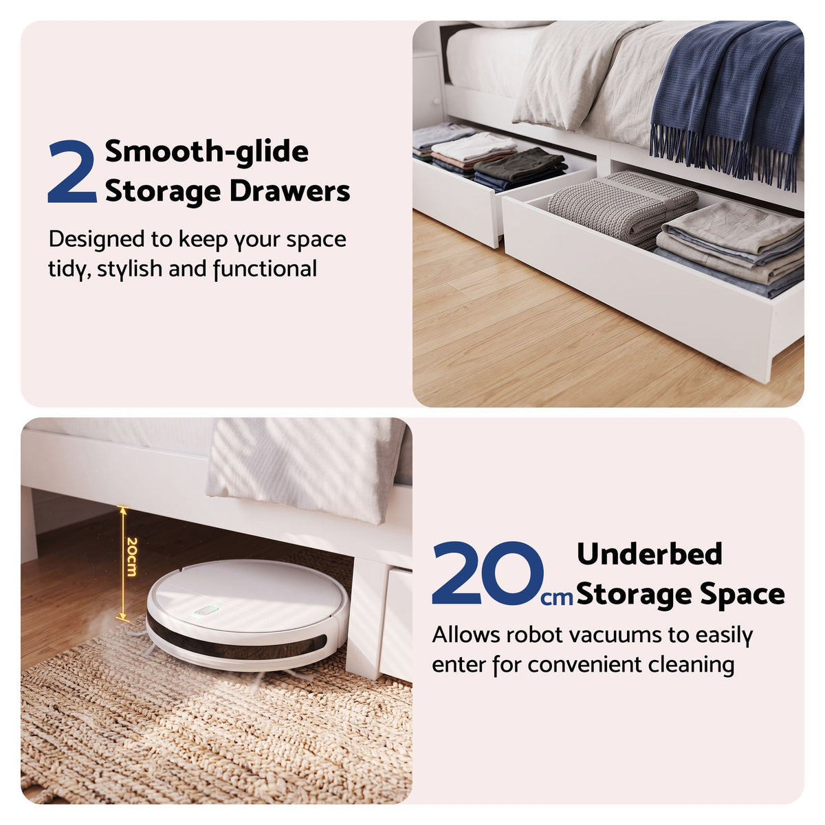 Algiers Bed Frame with Storage Bookcase Headboard, USB & Type-C Ports & Drawers - White Queen
