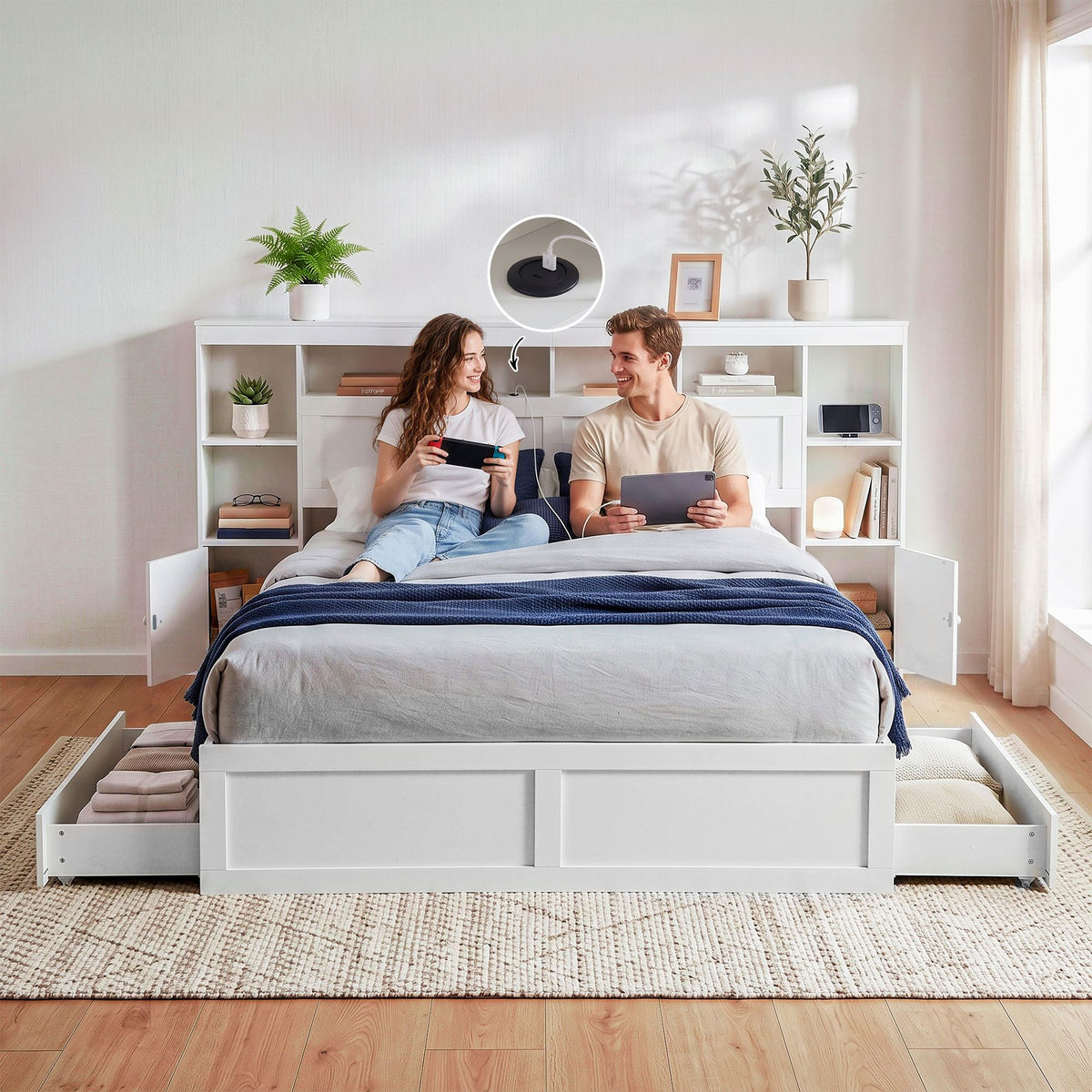 Algiers Bed Frame with Storage Bookcase Headboard, USB & Type-C Ports & Drawers - White Queen