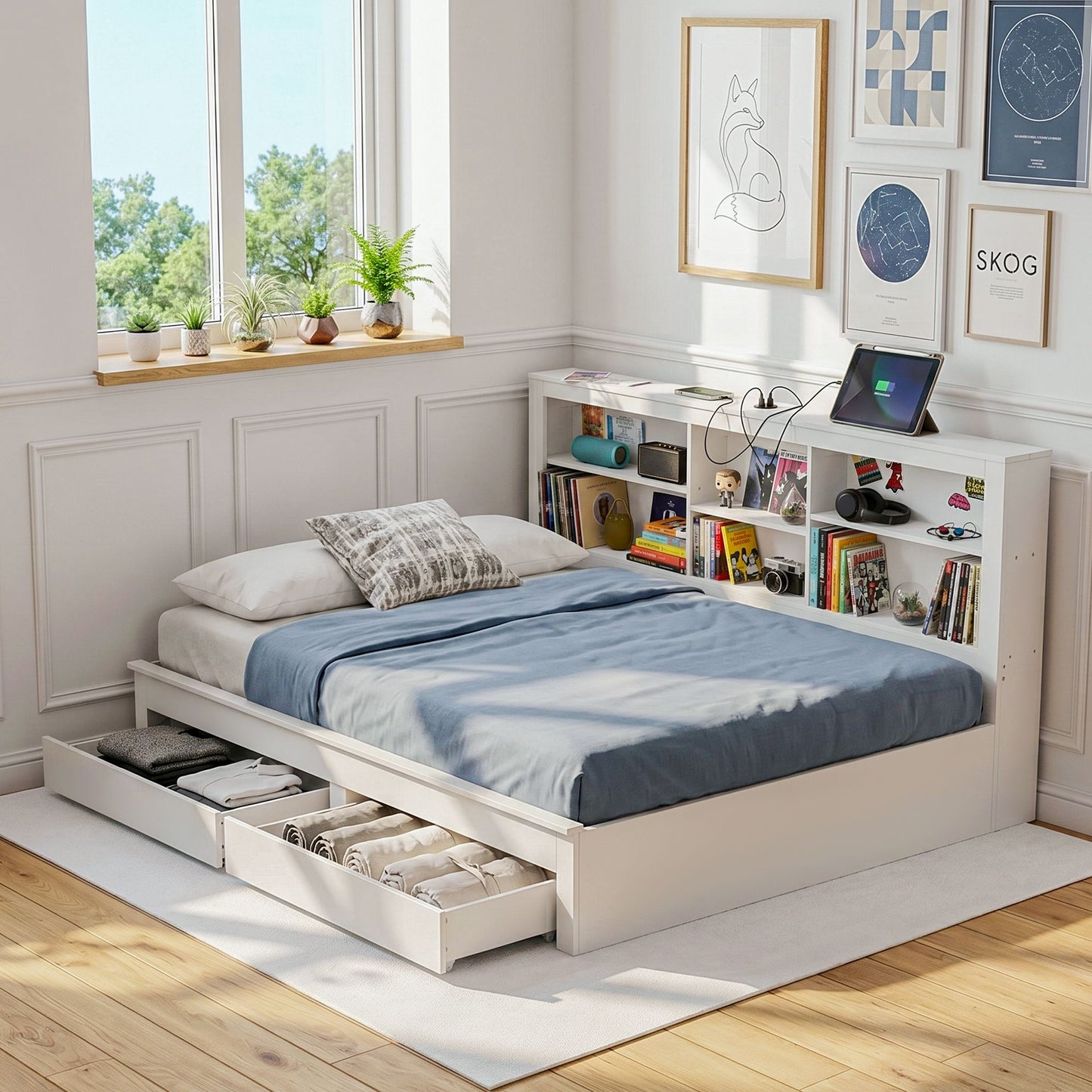 Isla Solid Wood Double Platform Bed Frame with Storage Headboard - White Double