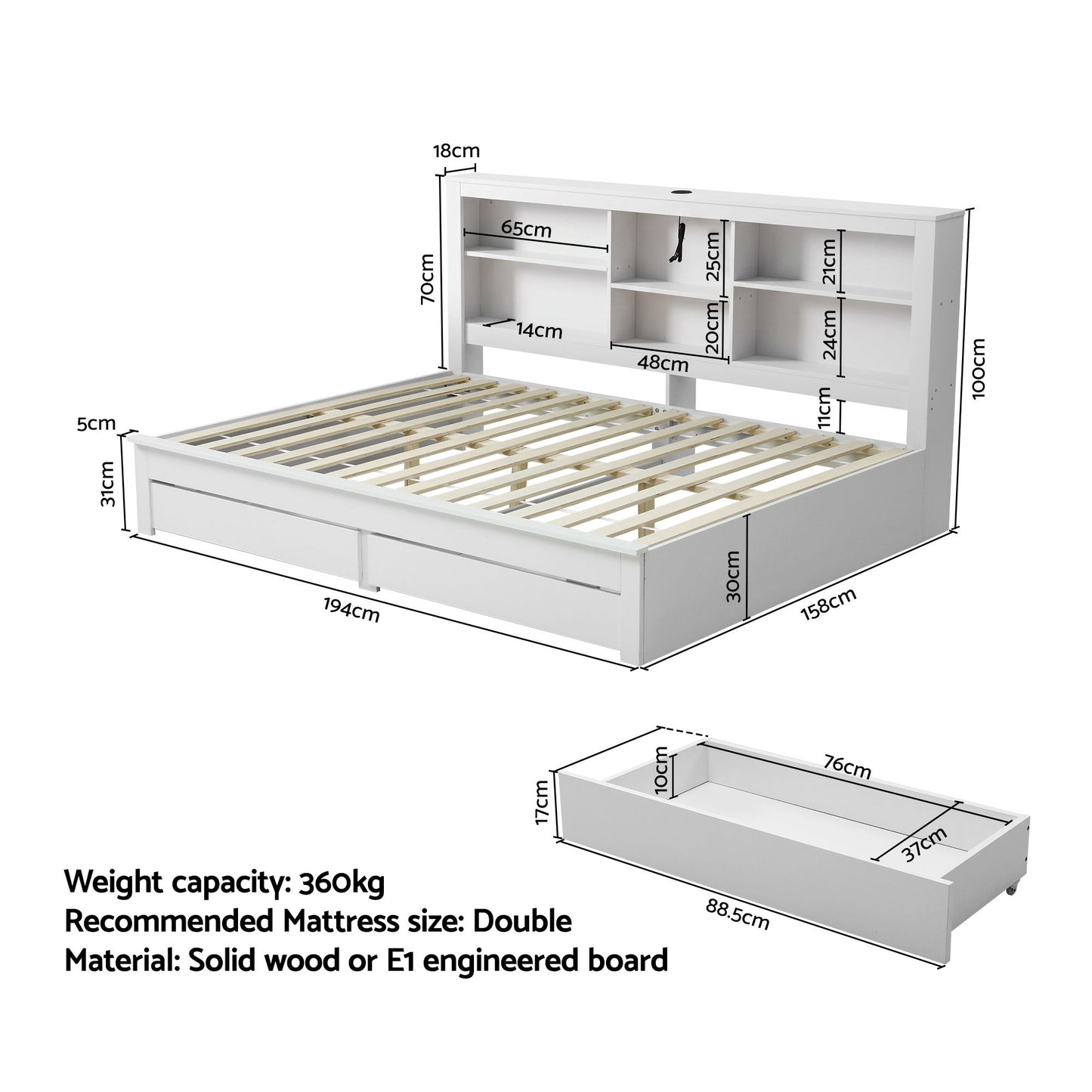 Isla Solid Wood Double Platform Bed Frame with Storage Headboard - White Double