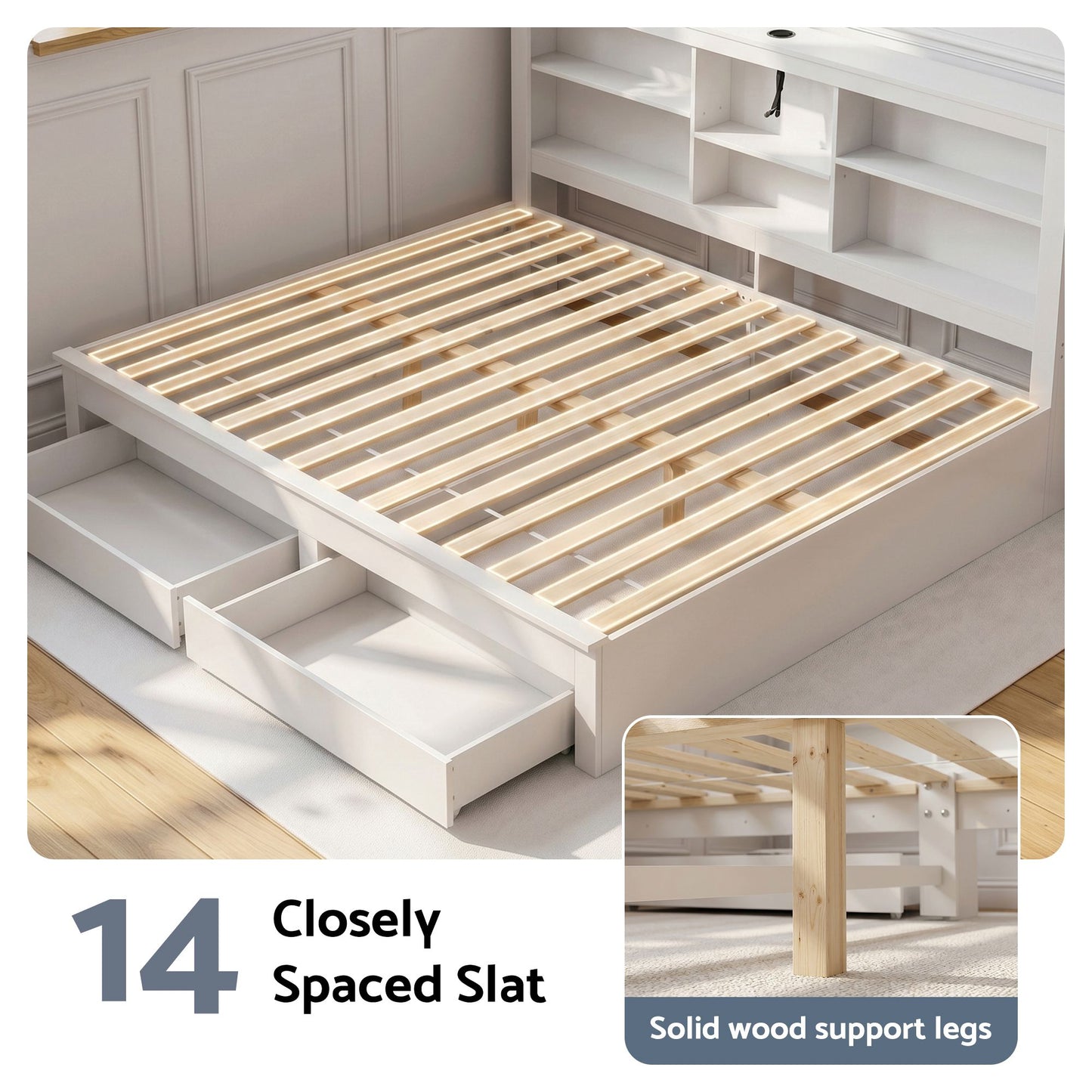 Isla Solid Wood Double Platform Bed Frame with Storage Headboard - White Double