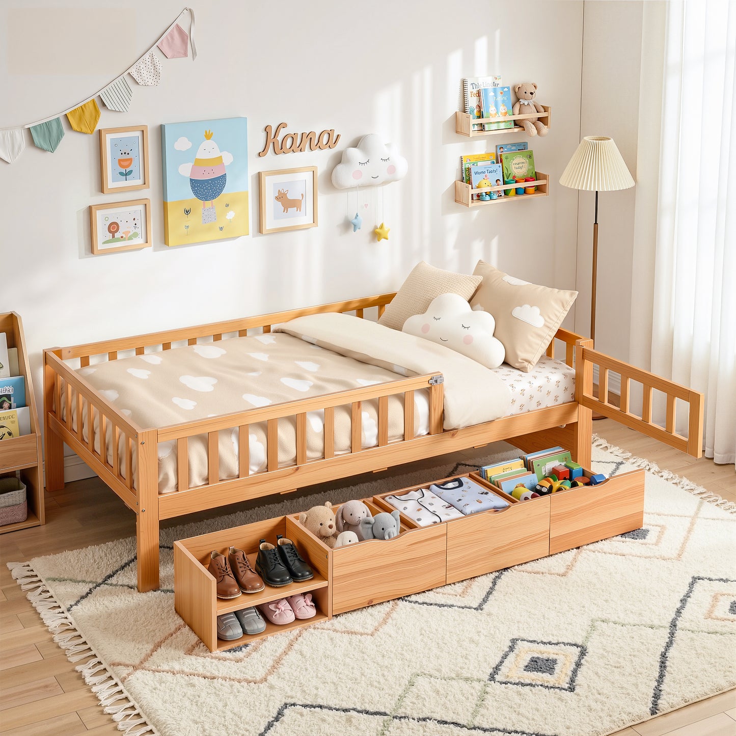 Harlem Kids Bed Frame with 3 Storage Drawer Montessori Bed - Natural Single