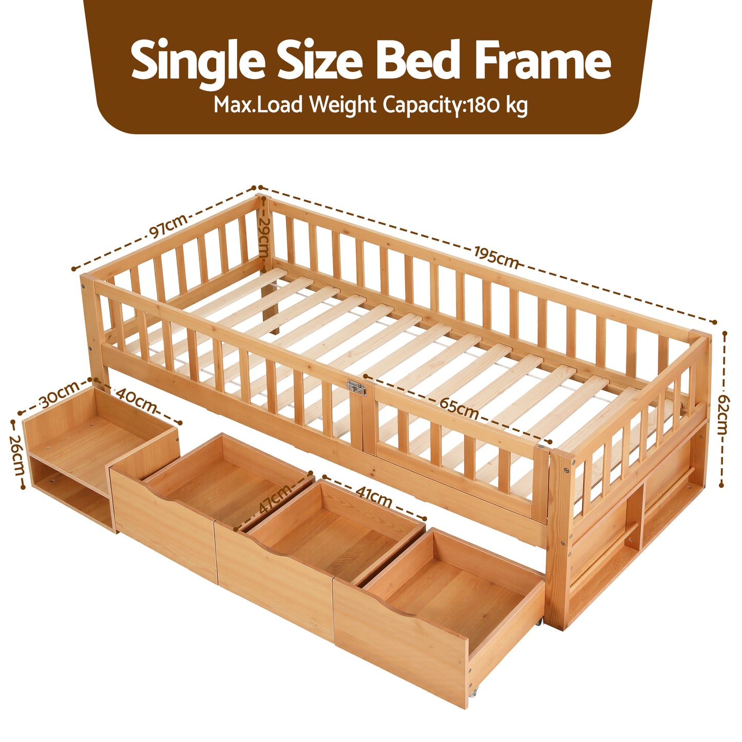 Harlem Kids Bed Frame with 3 Storage Drawer Montessori Bed - Natural Single