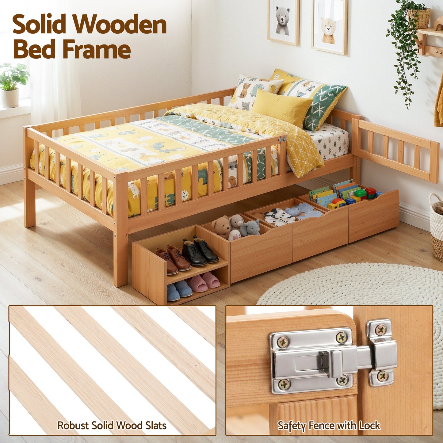 Harlem Kids Bed Frame with 3 Storage Drawer Montessori Bed - Natural Single