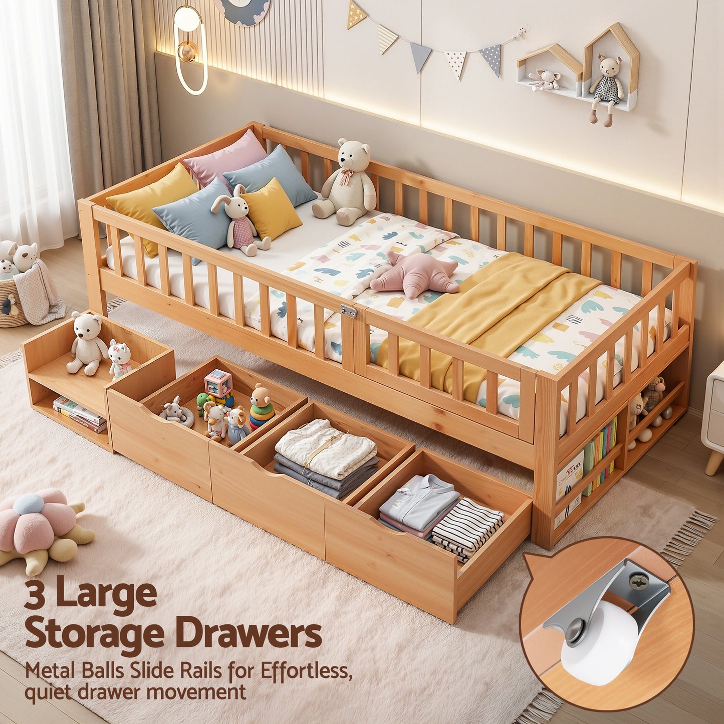 Harlem Kids Bed Frame with 3 Storage Drawer Montessori Bed - Natural Single