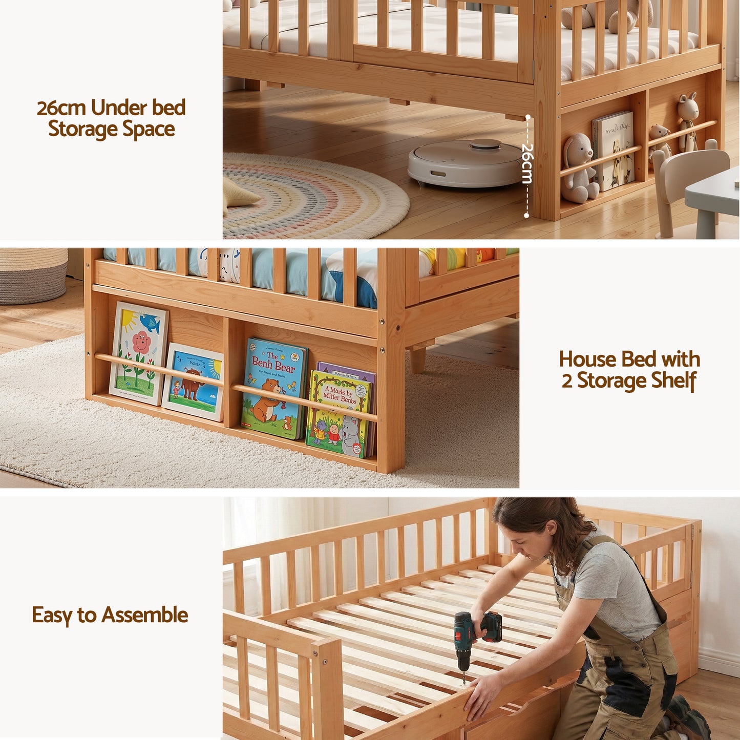 Harlem Kids Bed Frame with 3 Storage Drawer Montessori Bed - Natural Single