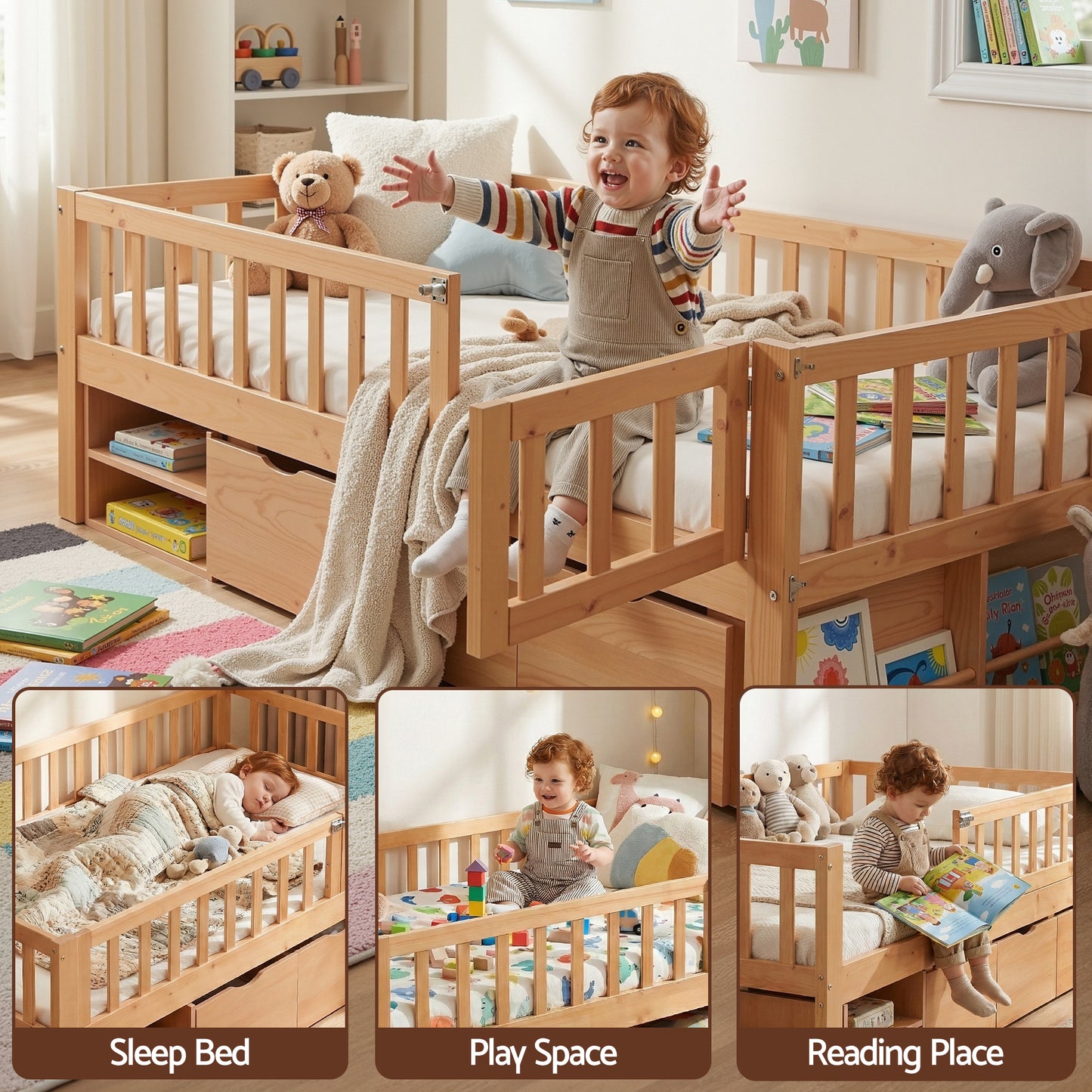 Harlem Kids Bed Frame with 3 Storage Drawer Montessori Bed - Natural Single