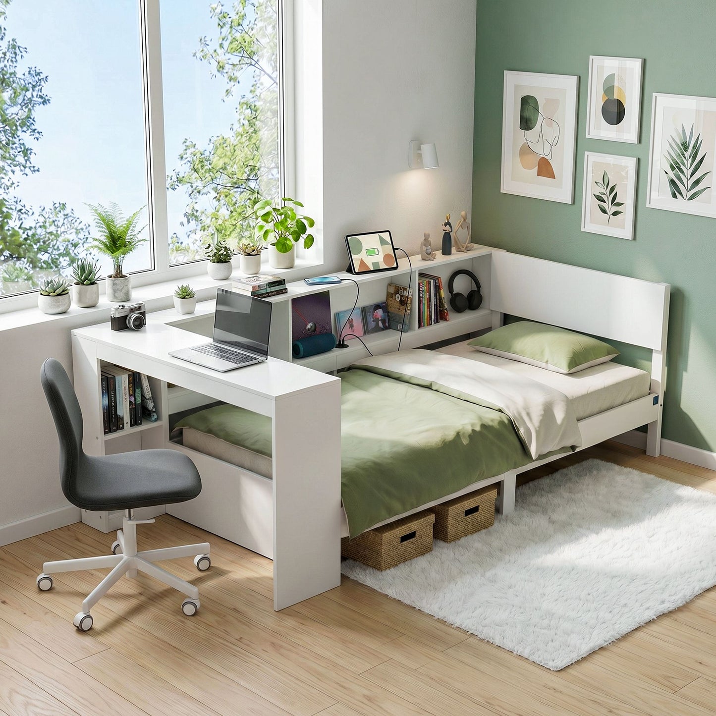 Sydney Solid Wood Corner Platform Bed Frame with Built-in Desk - White Single