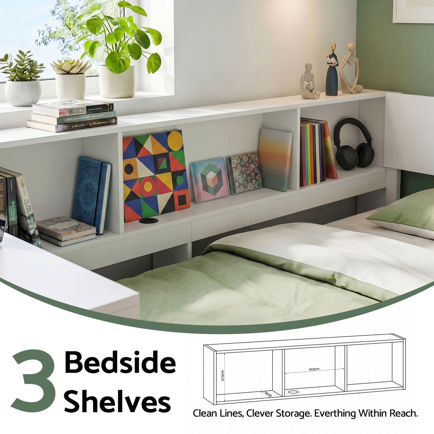 Sydney Solid Wood Corner Platform Bed Frame with Built-in Desk - White Single