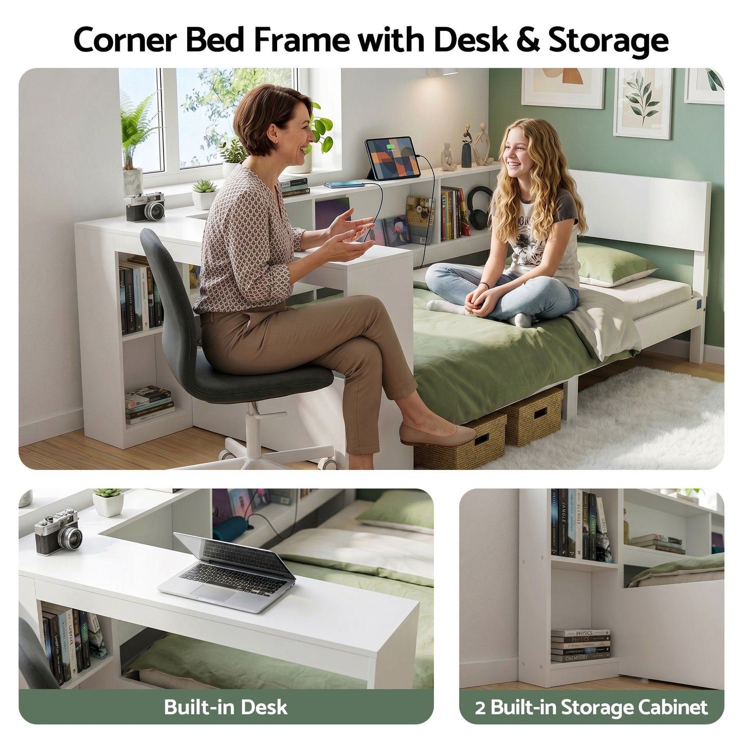 Sydney Solid Wood Corner Platform Bed Frame with Built-in Desk - White Single