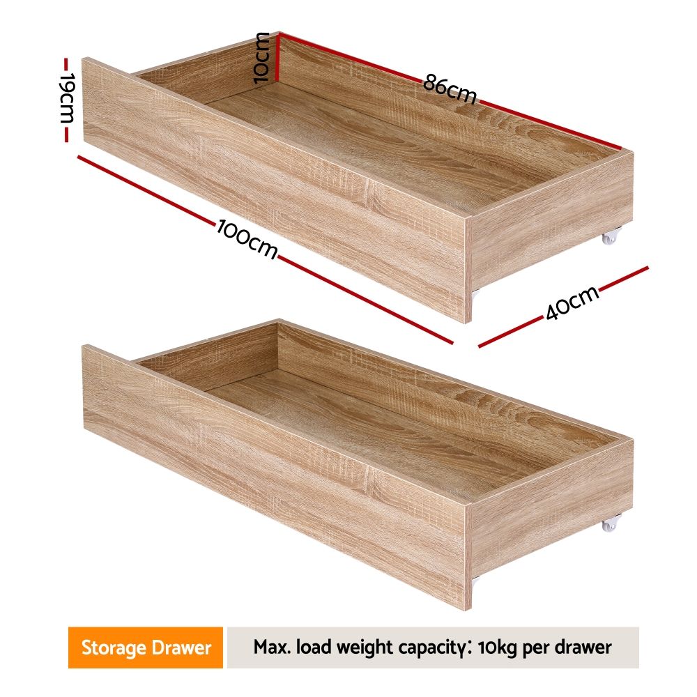 Ornel Set of 2 Under Bed Storage with Wheels Rolling Wooden Drawers King Single & Queen