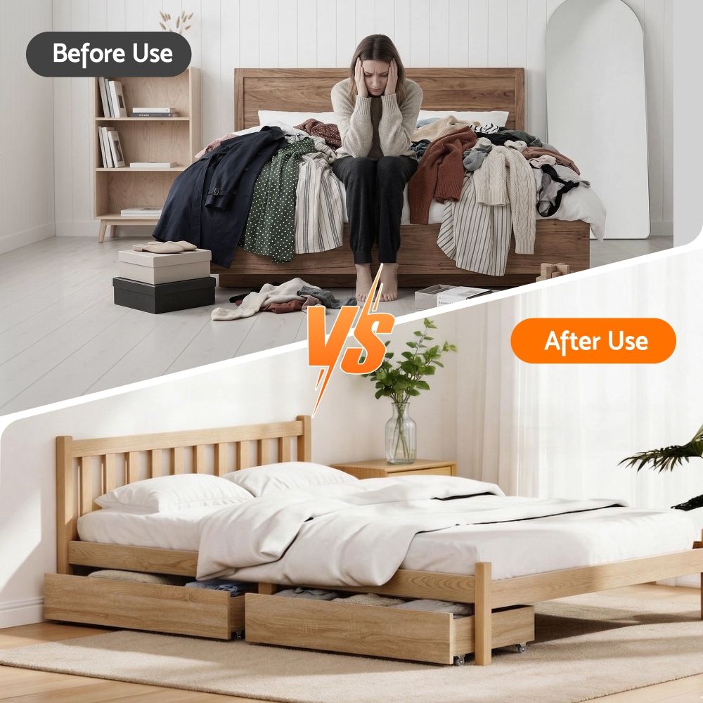 Ornel Set of 2 Under Bed Storage with Wheels Rolling Wooden Drawers King Single & Queen