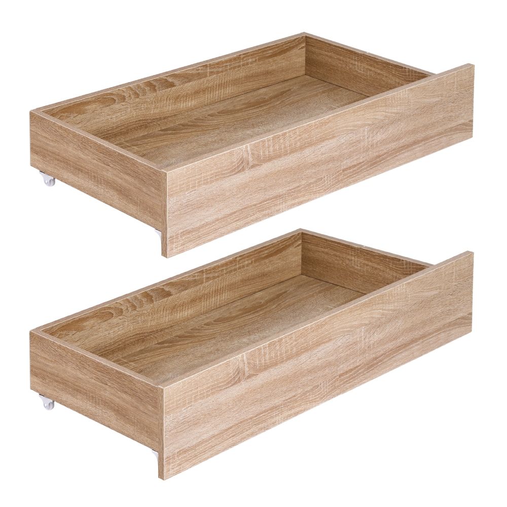 Ornel Set of 2 Under Bed Storage with Wheels Rolling Wooden Drawers Single & Double