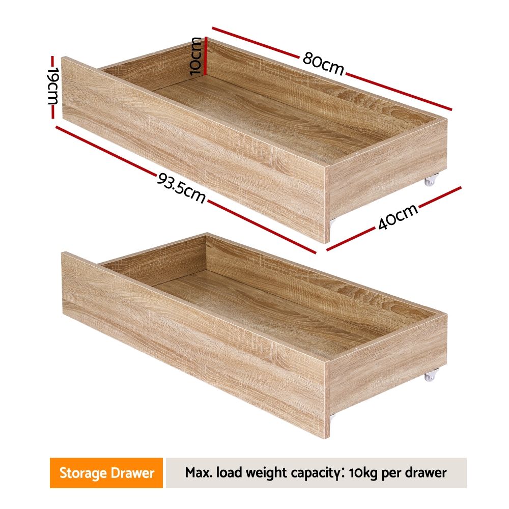 Ornel Set of 2 Under Bed Storage with Wheels Rolling Wooden Drawers Single & Double