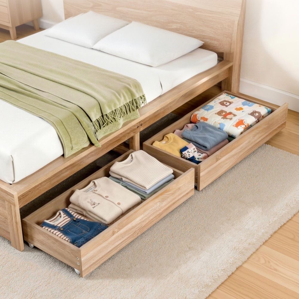 Ornel Set of 2 Under Bed Storage with Wheels Rolling Wooden Drawers Single & Double