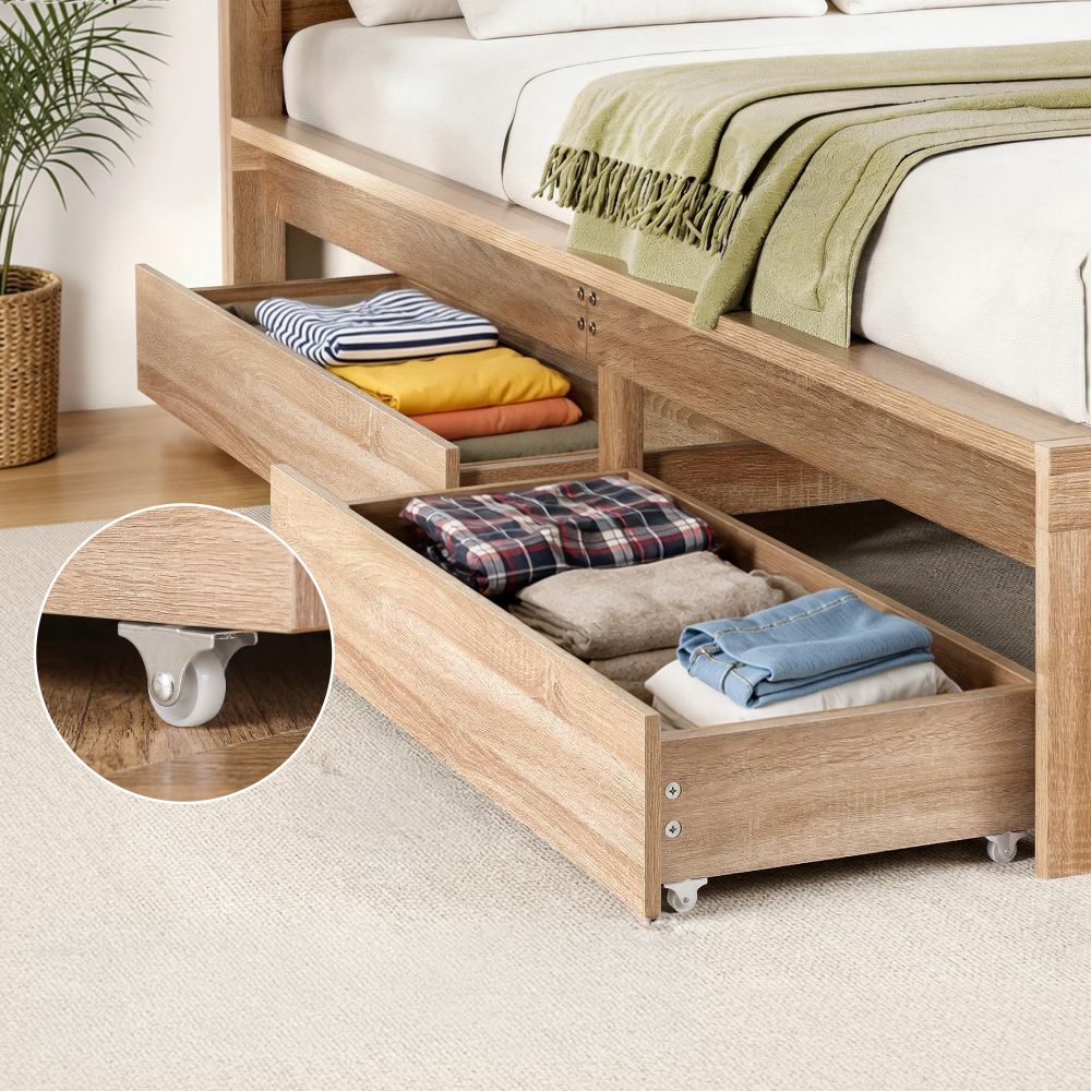 Ornel Set of 2 Under Bed Storage with Wheels Rolling Wooden Drawers Single & Double