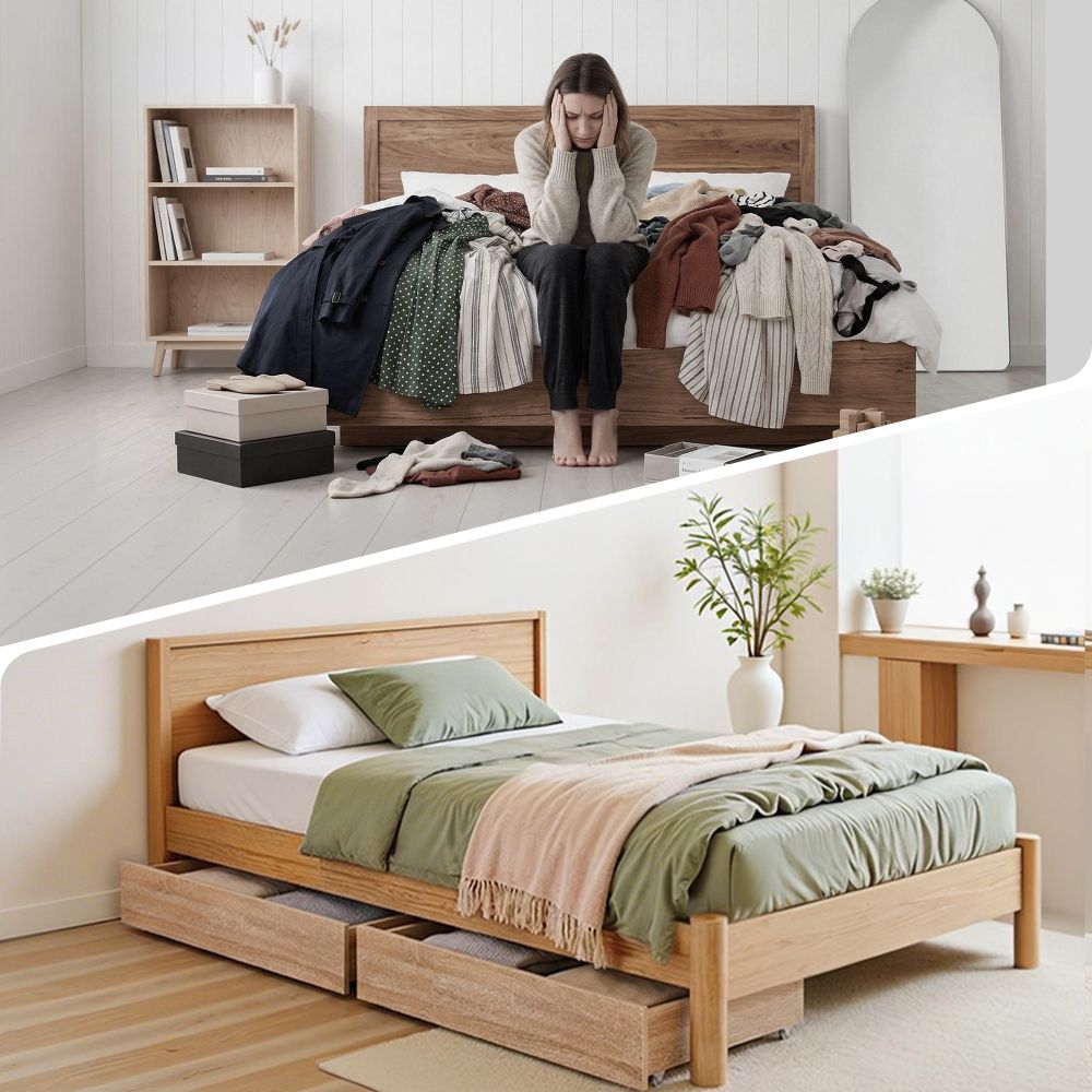 Ornel Set of 2 Under Bed Storage with Wheels Rolling Wooden Drawers Single & Double