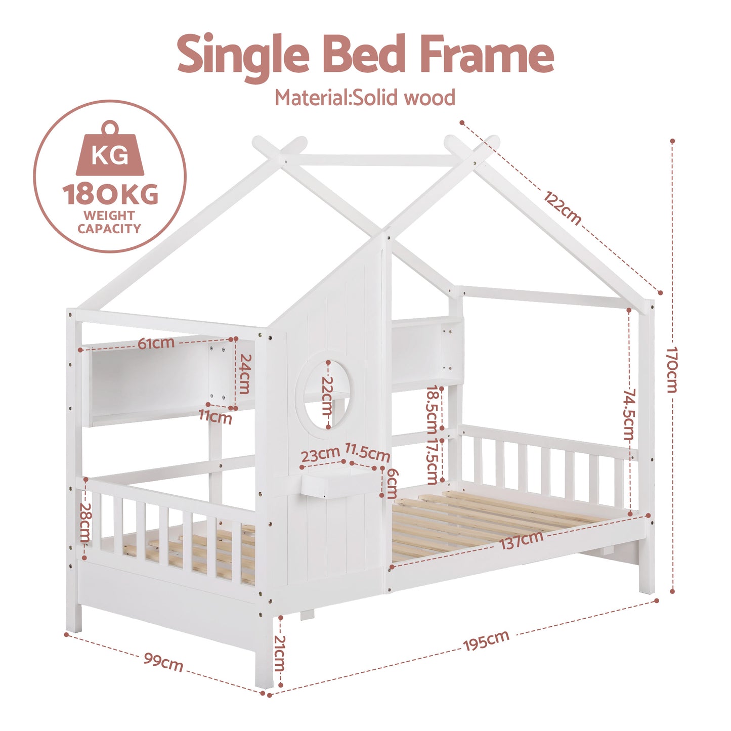 Karelia Kids Bed Frame House Bed Solid Wood Montessori Bed for Toddler  - White Single