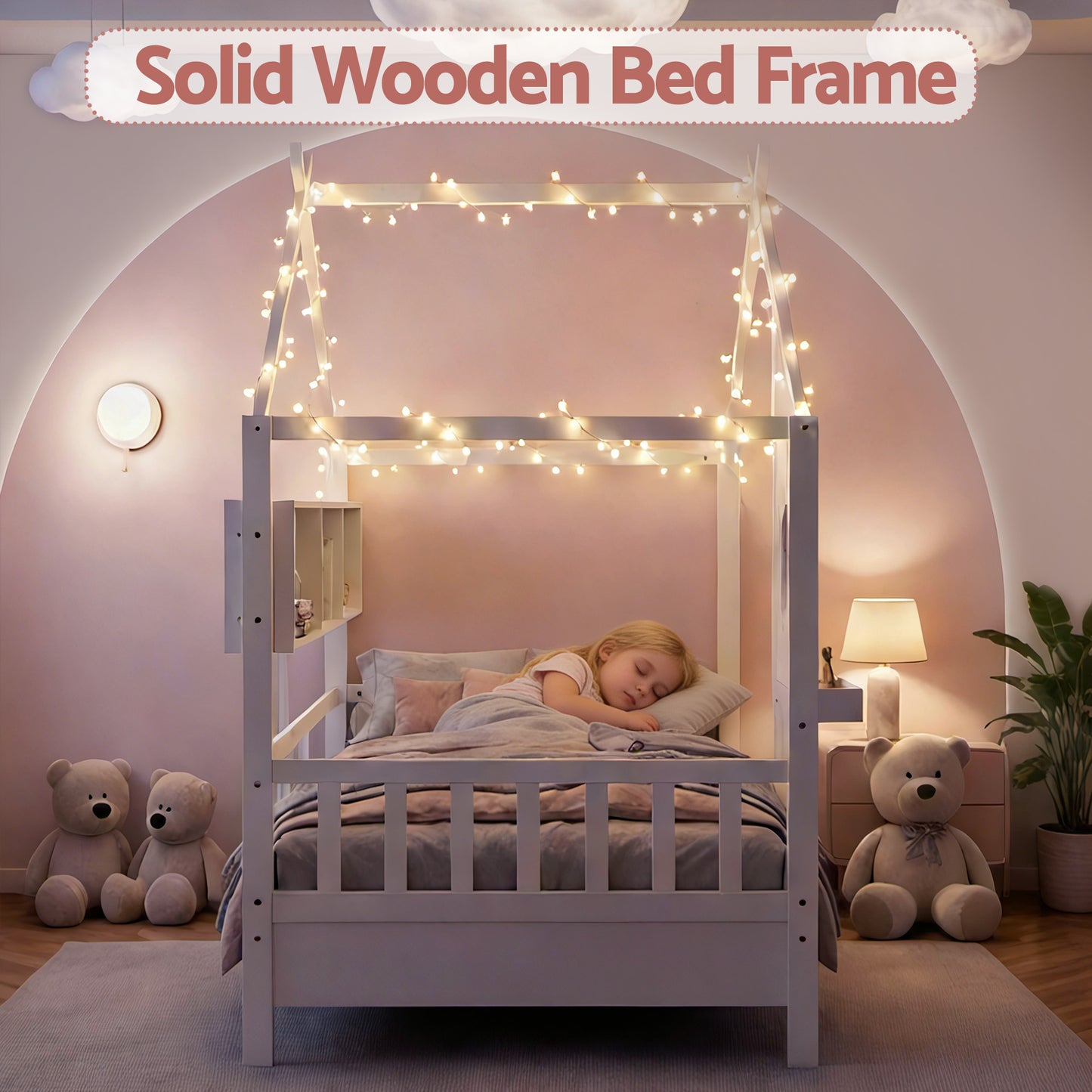 Karelia Kids Bed Frame House Bed Solid Wood Montessori Bed for Toddler  - White Single
