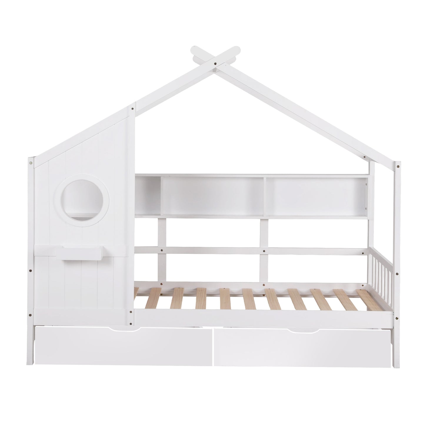 Karelia Kids Bed Frame Storage Bookcase & Drawers House Bed Solid Wood Montessori Bed  - White Single