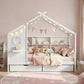 Karelia Kids Bed Frame Storage Bookcase & Drawers House Bed Solid Wood Montessori Bed  - White Single