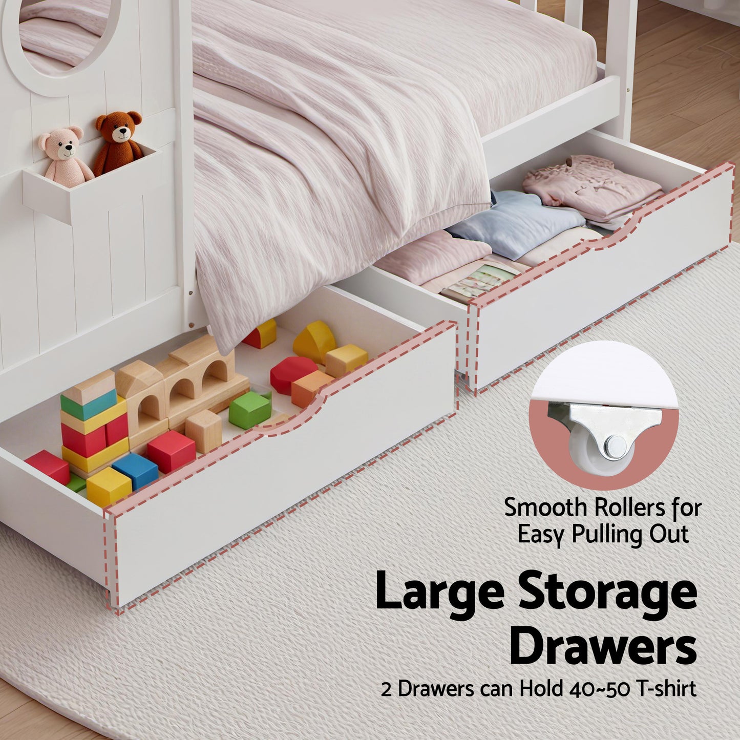 Karelia Kids Bed Frame Storage Bookcase & Drawers House Bed Solid Wood Montessori Bed  - White Single
