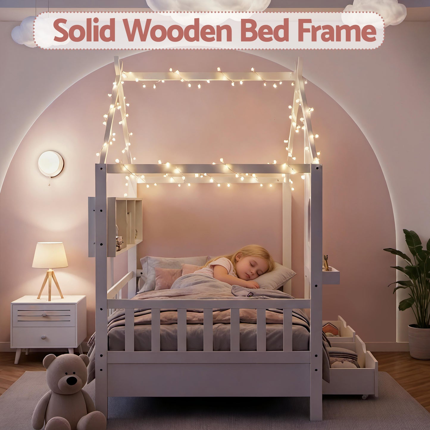 Karelia Kids Bed Frame Storage Bookcase & Drawers House Bed Solid Wood Montessori Bed  - White Single