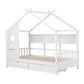 Karelia Kids Bed Frame Storage Bookcase & Drawers House Bed Solid Wood Montessori Bed  - White Single