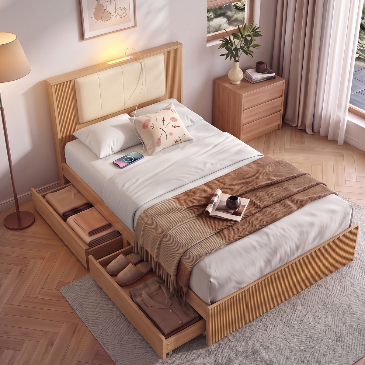 Kinsale Bed Frame with 2 Drawers PU Leather Headboard & Charging Station - Oak King Single