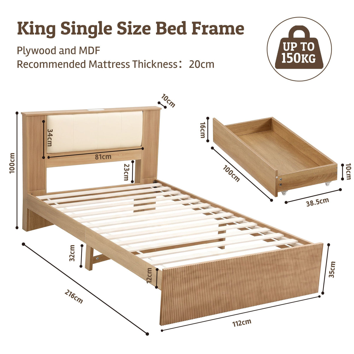 Kinsale Bed Frame with 2 Drawers PU Leather Headboard & Charging Station - Oak King Single
