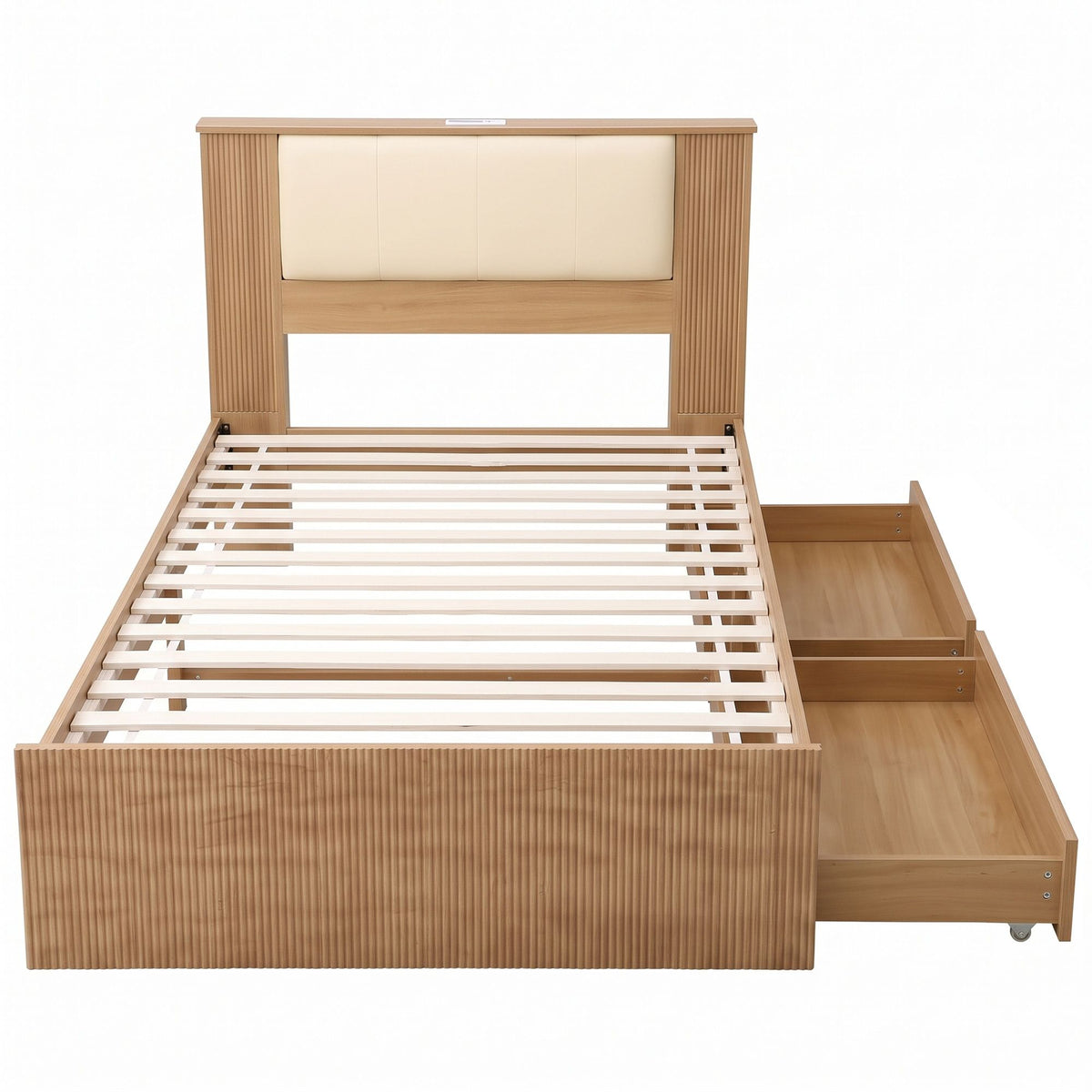 Kinsale Bed Frame with 2 Drawers PU Leather Headboard & Charging Station - Oak King Single