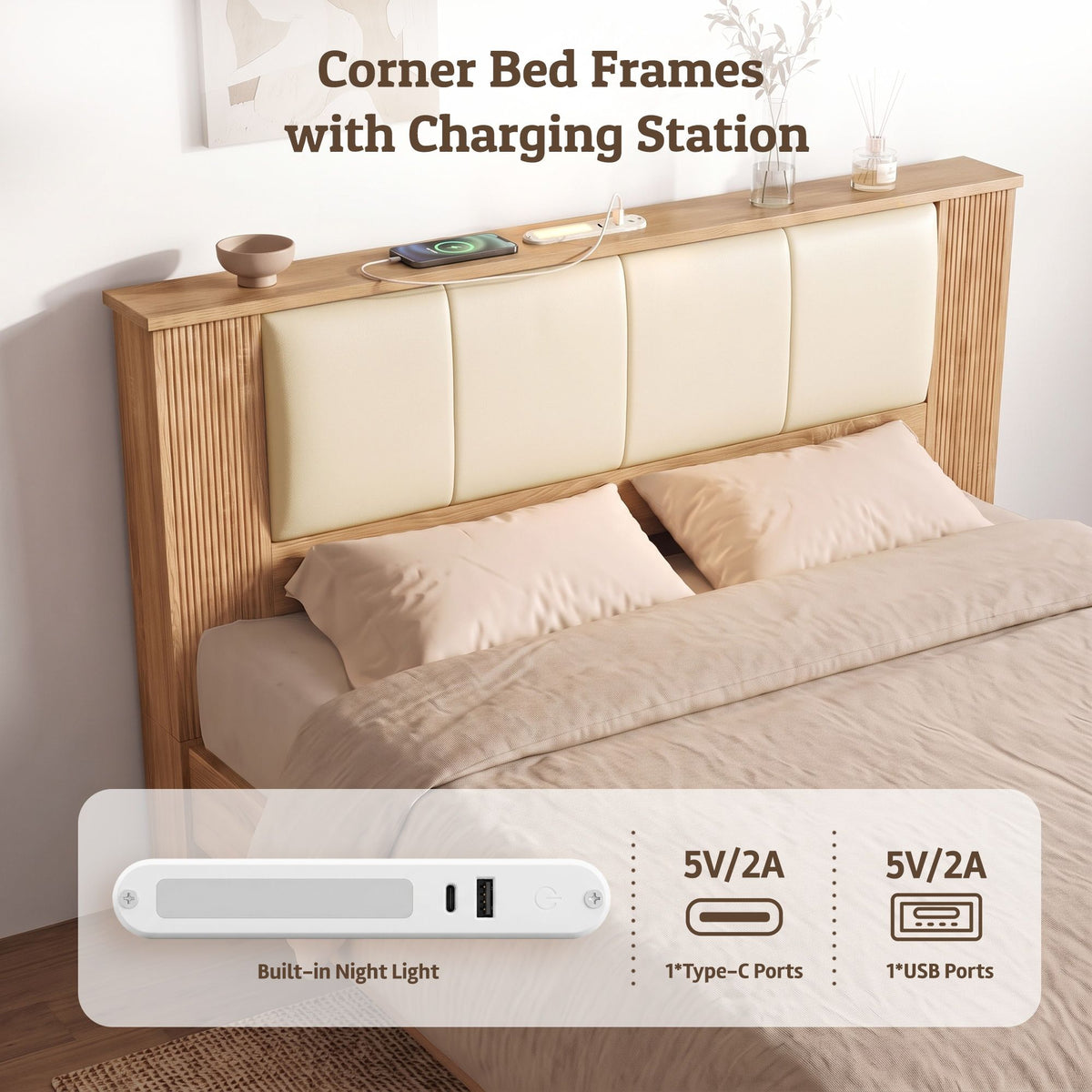Kinsale Bed Frame with 2 Drawers PU Leather Headboard & Charging Station - Oak King Single