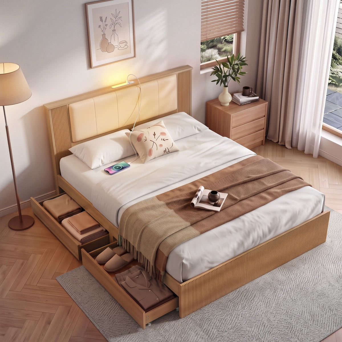 Kinsale Bed Frame with 2 Drawers PU Leather Headboard & Charging Station - Oak Queen