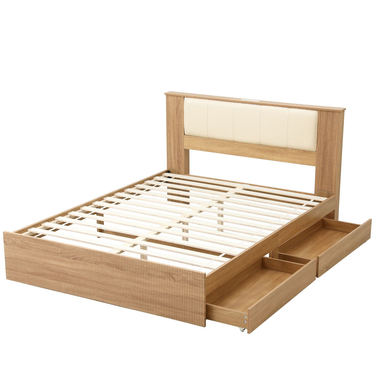 Kinsale Bed Frame with 2 Drawers PU Leather Headboard & Charging Station - Oak Queen