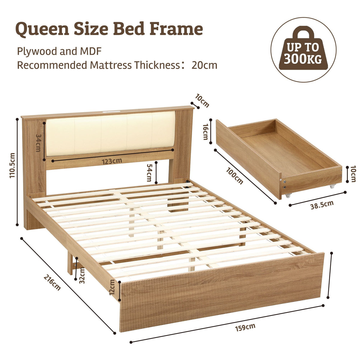 Kinsale Bed Frame with 2 Drawers PU Leather Headboard & Charging Station - Oak Queen