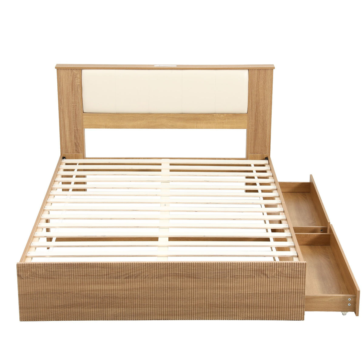Kinsale Bed Frame with 2 Drawers PU Leather Headboard & Charging Station - Oak Queen