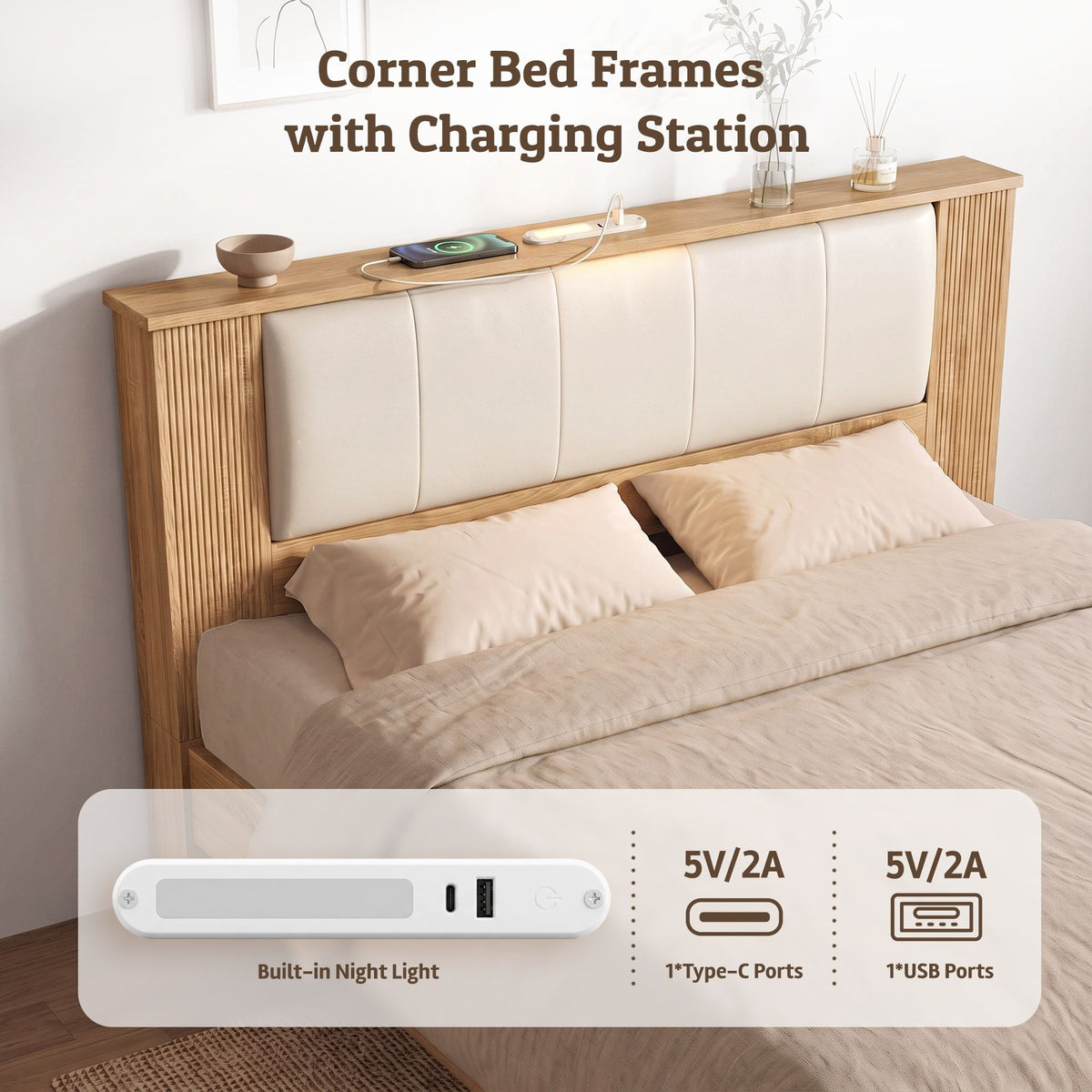 Kinsale Bed Frame with 2 Drawers PU Leather Headboard & Charging Station - Oak Queen