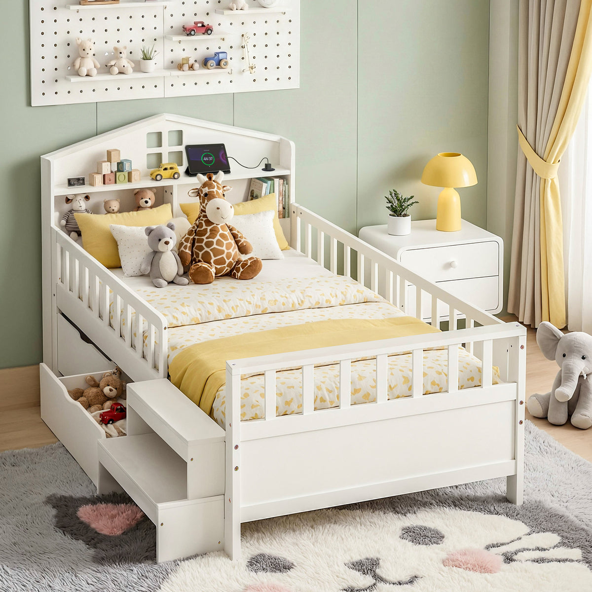 Tarsia Bed Frame Storage Drawers Montessori Bed with Headboard USB Ports & Led Light  - White Single