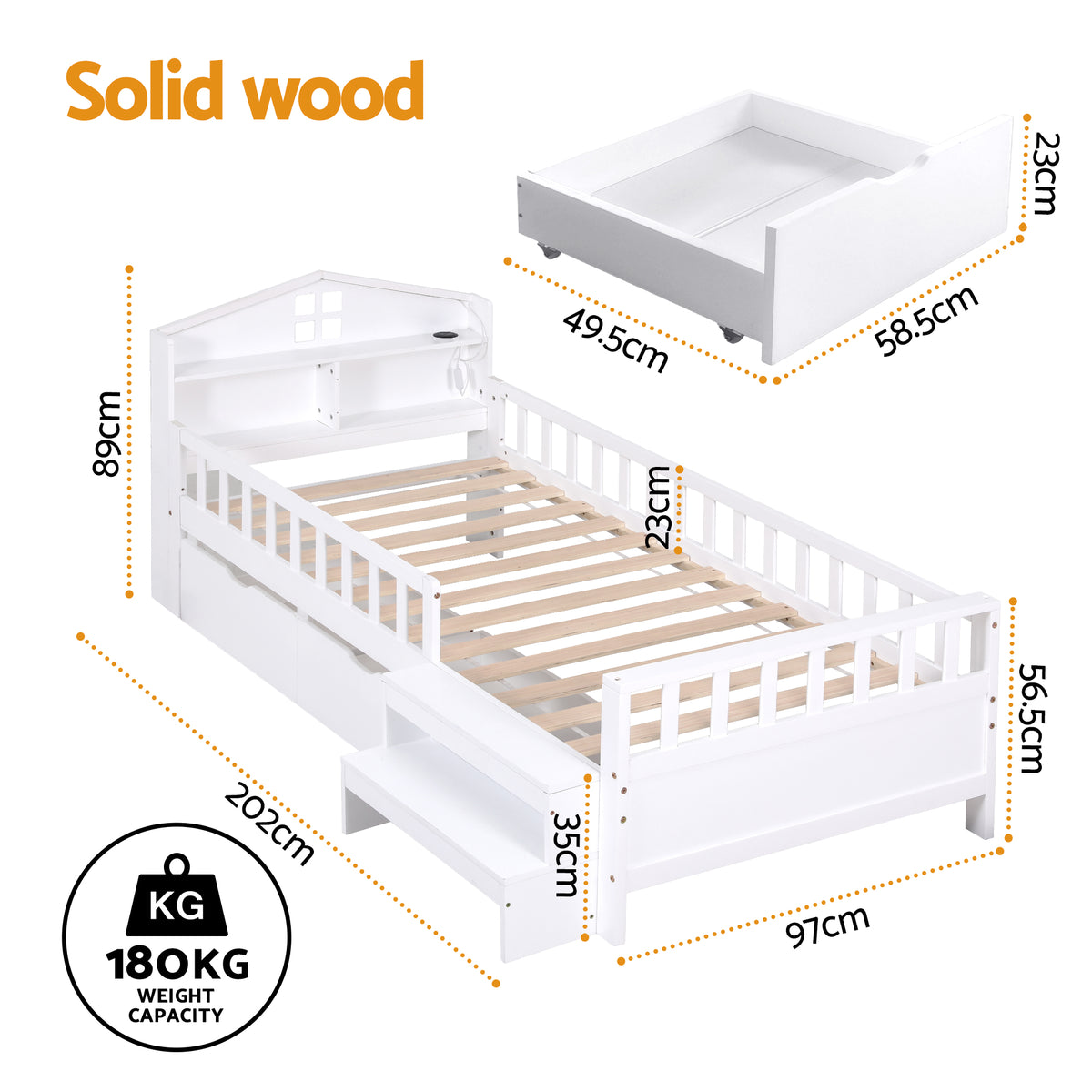 Tarsia Bed Frame Storage Drawers Montessori Bed with Headboard USB Ports & Led Light  - White Single