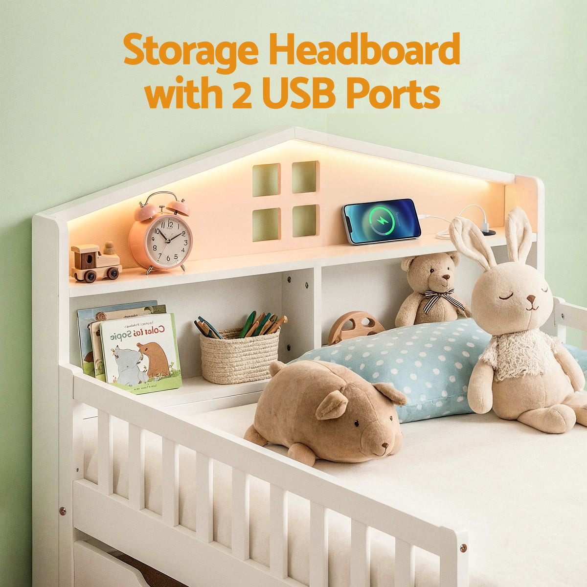 Tarsia Bed Frame Storage Drawers Montessori Bed with Headboard USB Ports & Led Light  - White Single