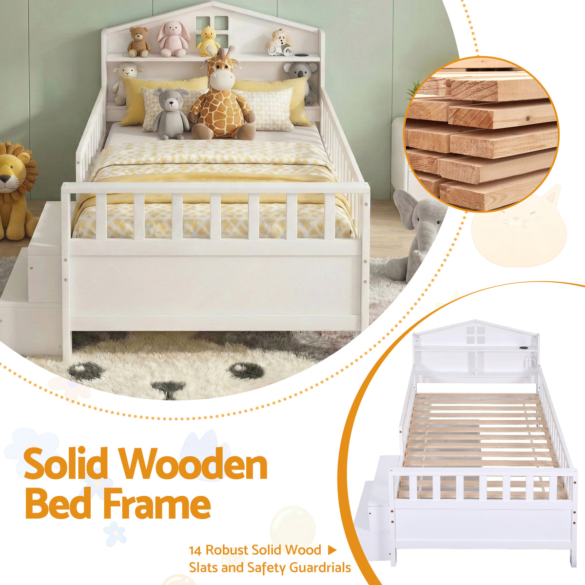Tarsia Bed Frame Storage Drawers Montessori Bed with Headboard USB Ports & Led Light  - White Single