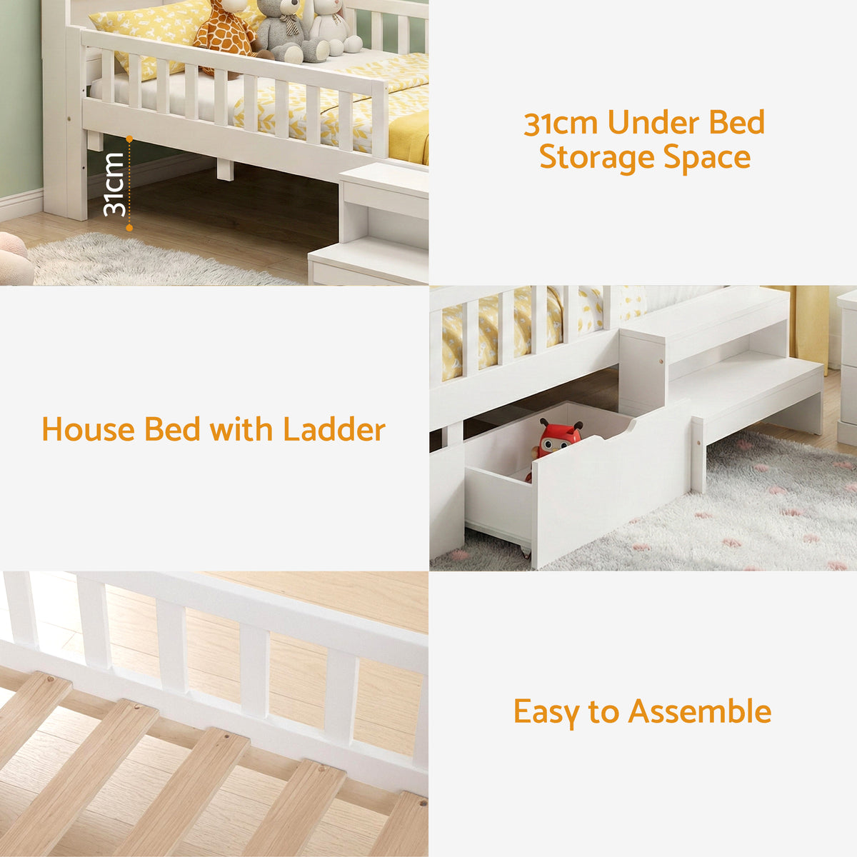 Tarsia Bed Frame Storage Drawers Montessori Bed with Headboard USB Ports & Led Light  - White Single
