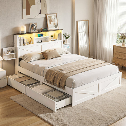 Madrid Bed Frame with Storage Drawers White Platform LED - White Double