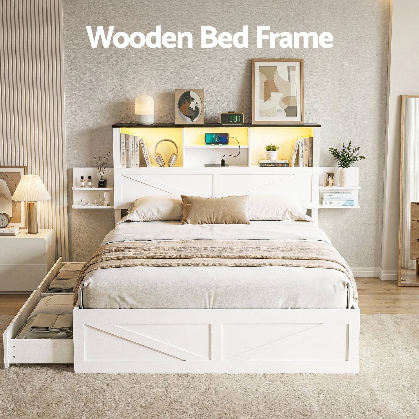 Madrid Bed Frame with Storage Drawers White Platform LED - White Double